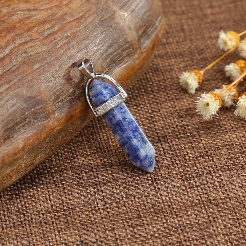 Natural Stone Amethyst & Rose Quartz Double-Pointed Hexagonal Pendant Necklace