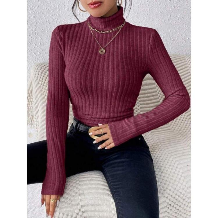 Elegant High Neck Slim Sweater for Women Long Sleeve Solid Color Autumn Winter Clothing
