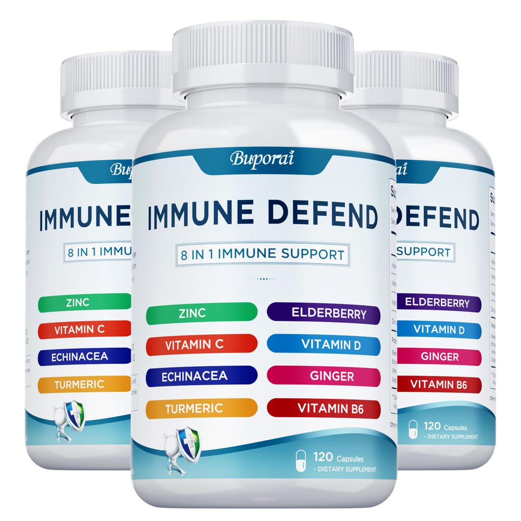 Multivitamin capsules, containing zinc, elderberry, vitamin D3, turmeric, immune support, antioxidant support, suitable for adults.