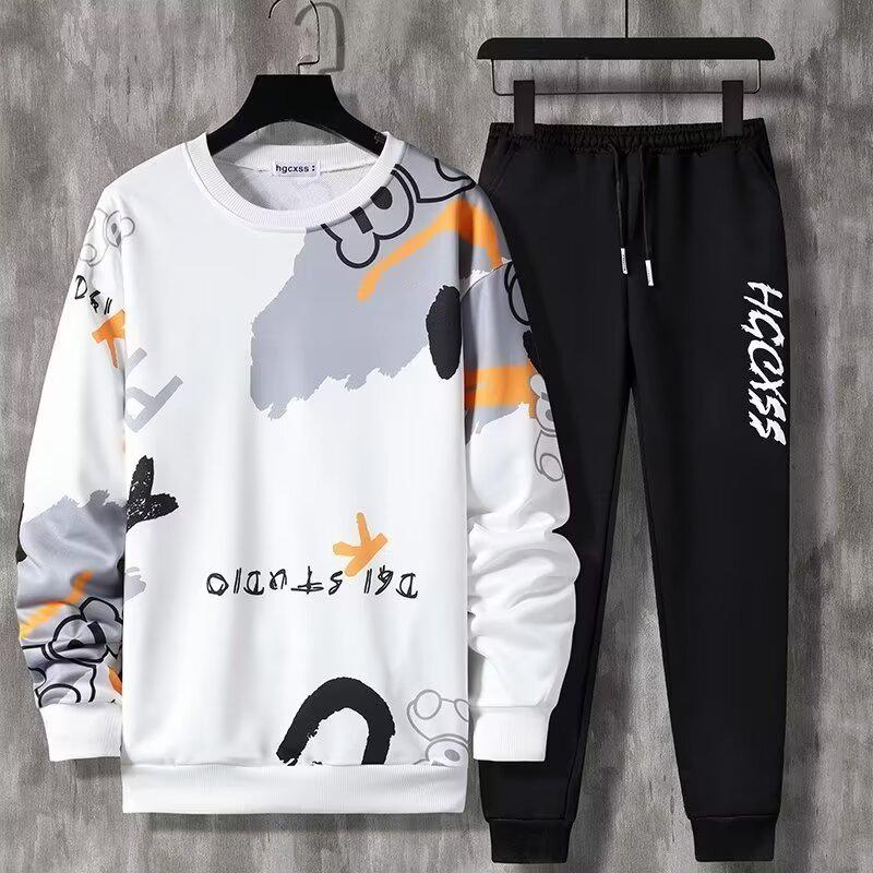 

Трендовый мужской спортивный комплект из двух предметов с принтом — длинный рукав, круглый вырез для подростков и студентов (Весна осень) L