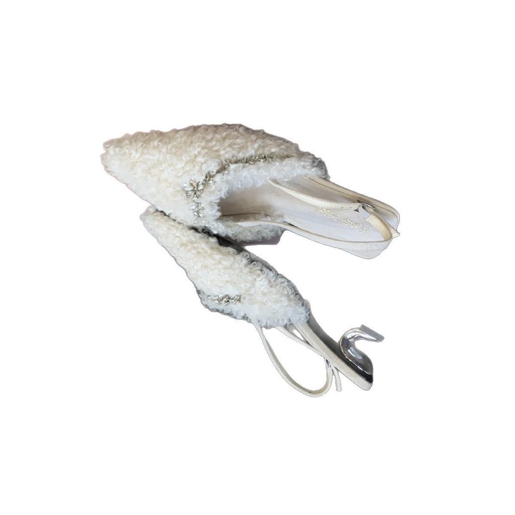 Hand-made Rhinestones, Back Straps, I-heel, Medium Heel, Lamb Wool, Pointed Head, Bag Head, Fluffy Shoes, Special-shaped Heel, Women's Shoes, Autumn
