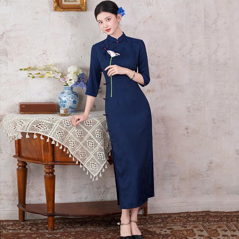 Elegant Blue Vintage-Inspired Long Sleeve Cheongsam Dress Women Slim Fit Retro Style Medium