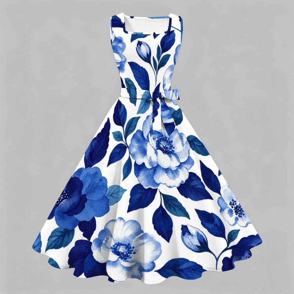 Women Plus Size Two Piece Set Floral Leaf Printed Square Neck Sleeveless Tie Waist Flared Dress With Short Sleeve Cropped Shrug