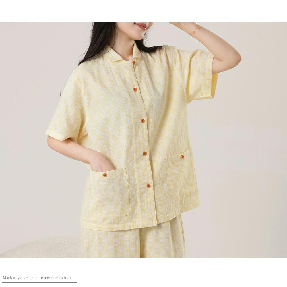 Yes Family Double Gauze Pajama Short Check Size Yellow Women's Set, 100% Cotton, Sleeves, Pattern, L,