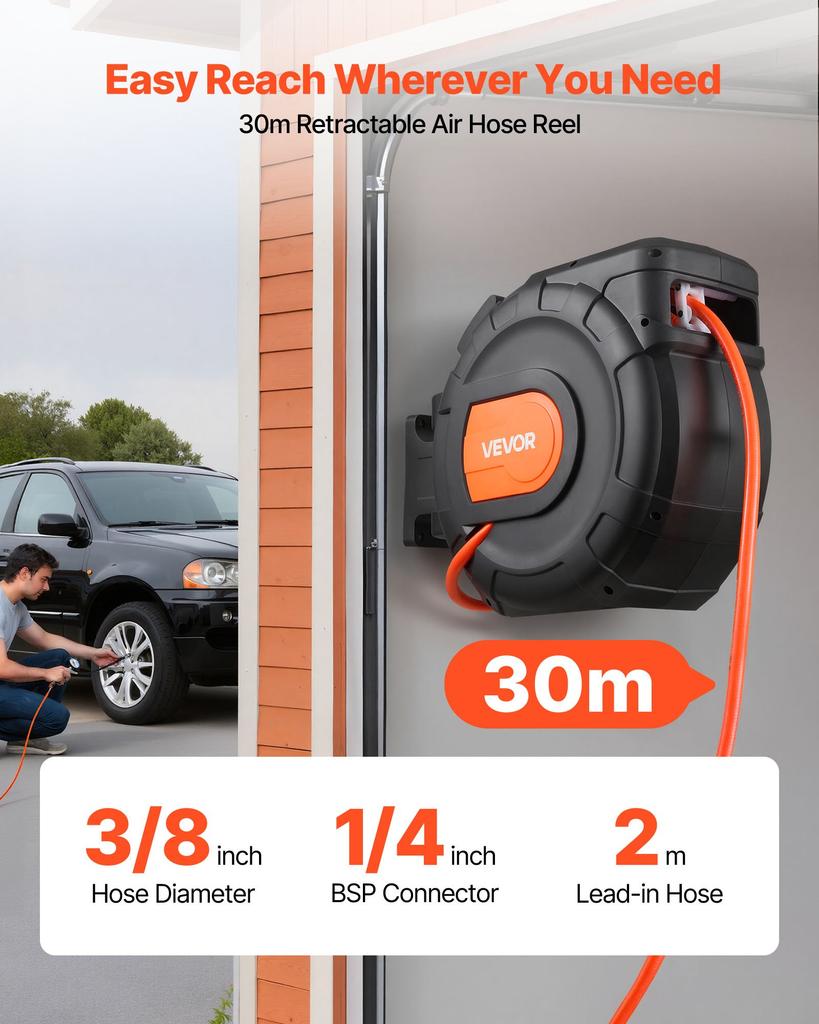 VEVOR Retractable Air Hose Reel, 30m x 9.5mm PVC Air Hose Max 300PSI, Enclosed Air-Compressor Hoses Reel Auto Rewind with 2m Lead in