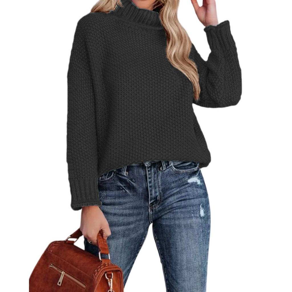 Fashionable Women's High-neck Knitted Sweater With Long Sleeves And Rolled Hem