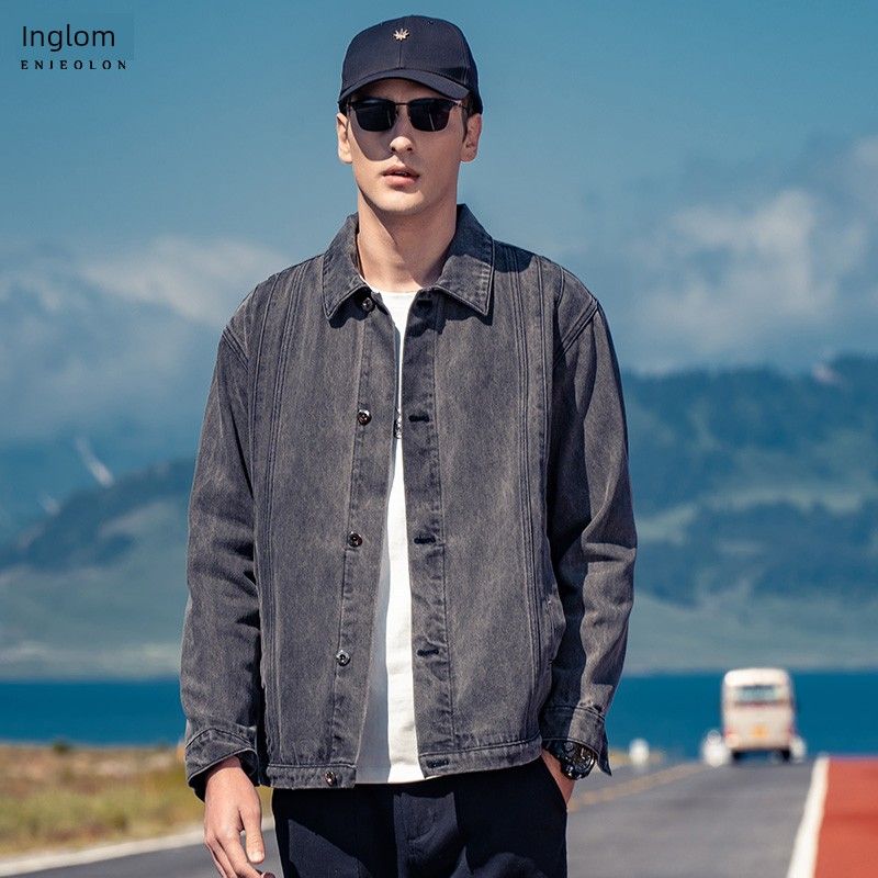 

Autumn and Winter American Retro Washed Denim Jacket Men s Trendy Brand Loose Fit Spring and Autumn Turn-Down Collar Shirt-Style Denim Jacket Black Gray M