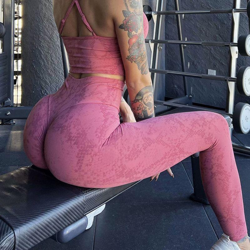 

Fashion Snake Leopard Print Exercise Workout Outfit Bra Shoulder Straps Intimates Female Yoga High Waist Two-Piece Suit Quick-Drying High Elastic Peach Pollen Pants M