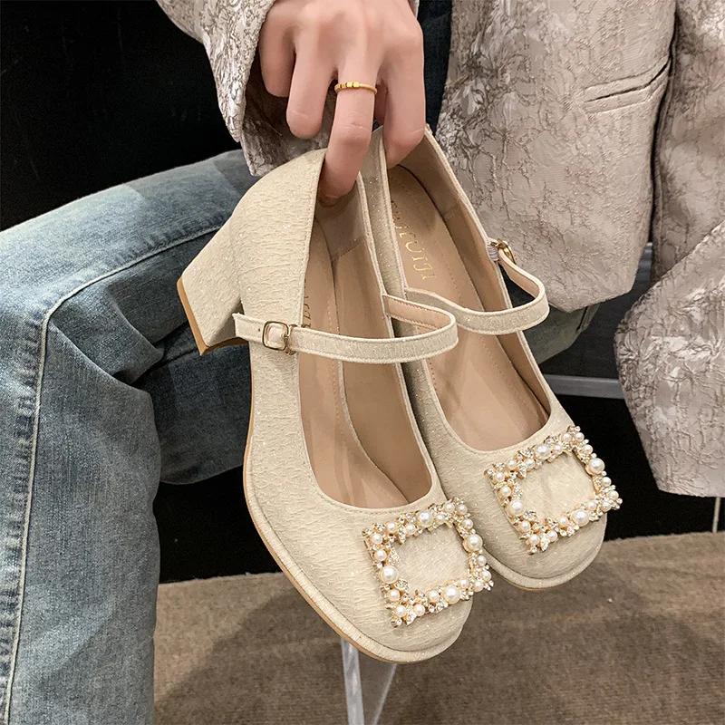 Fashion French Thick Heel Square Head Waterproof High Heel Single Shoes Women 2025 New Line Button Fairy with Skirt Shoes