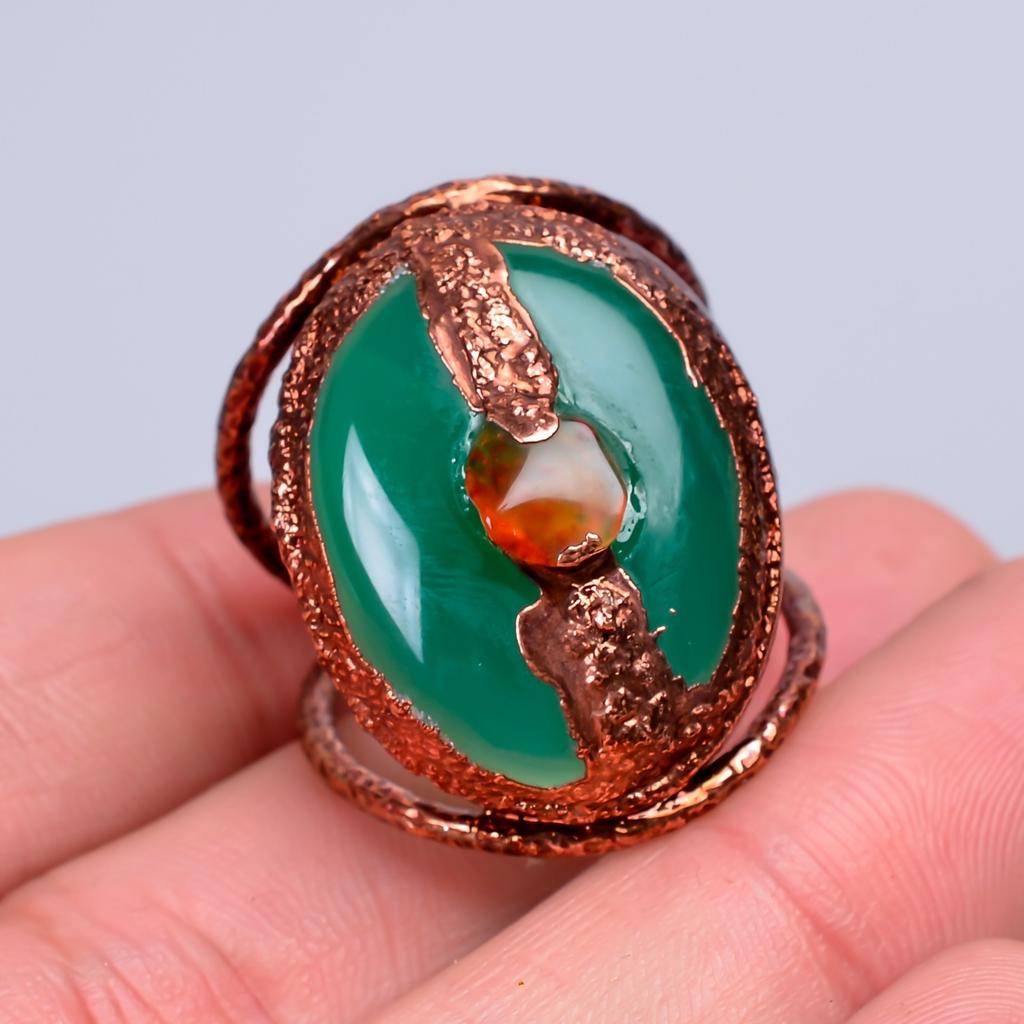 Oval Green Chalcedony Gemstone Eternity Electroformed Boho Ring Jewelry Copper V-62