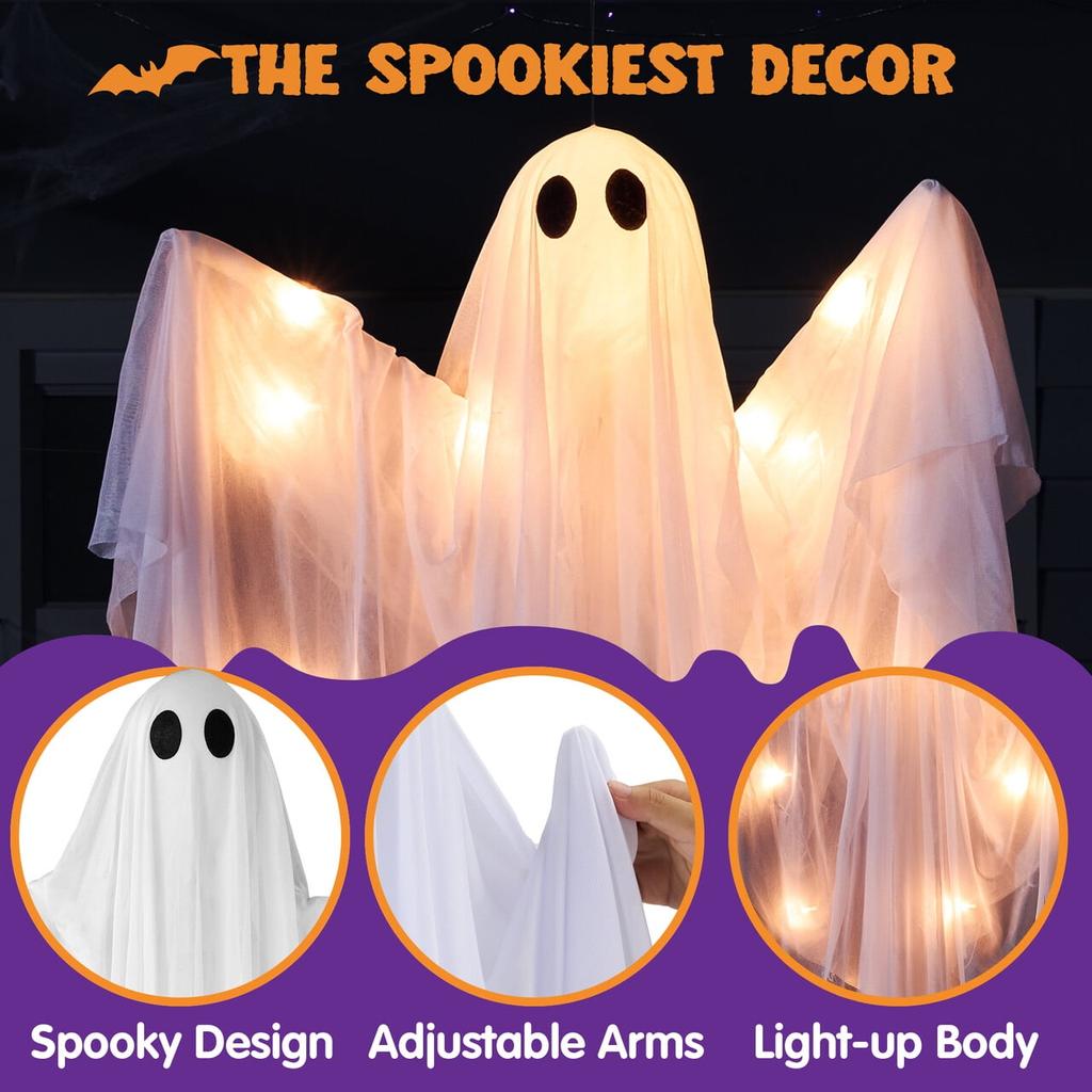 Joyfy 47inch Halloween Outdoor Hanging Ghost Decorations Light Up White Ghosts with Spooky Warm White Light for Halloween Party