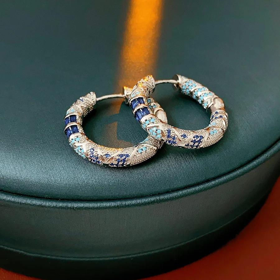 New Retro Luxury Blue Zircon Hoop Earrings for Women Geometric Round Ear Buckle Loop Earrings Female Fashion Party Jewelry Gifts