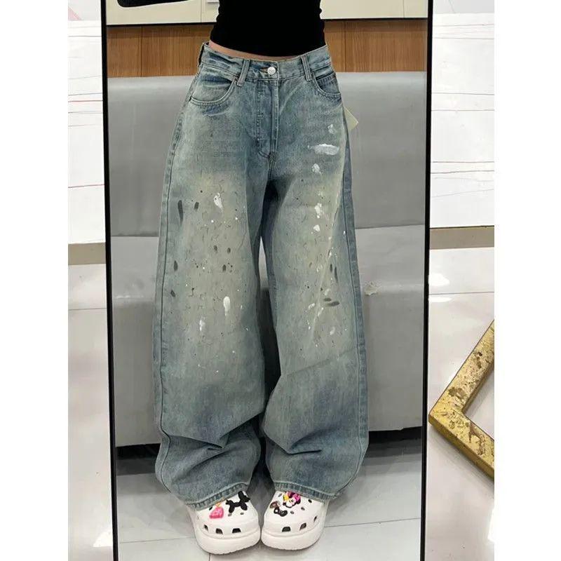 

Women s American Retro Ink Splatter High Waist Wide Leg Jeans - Autumn/Winter Casual Slimming Design Small