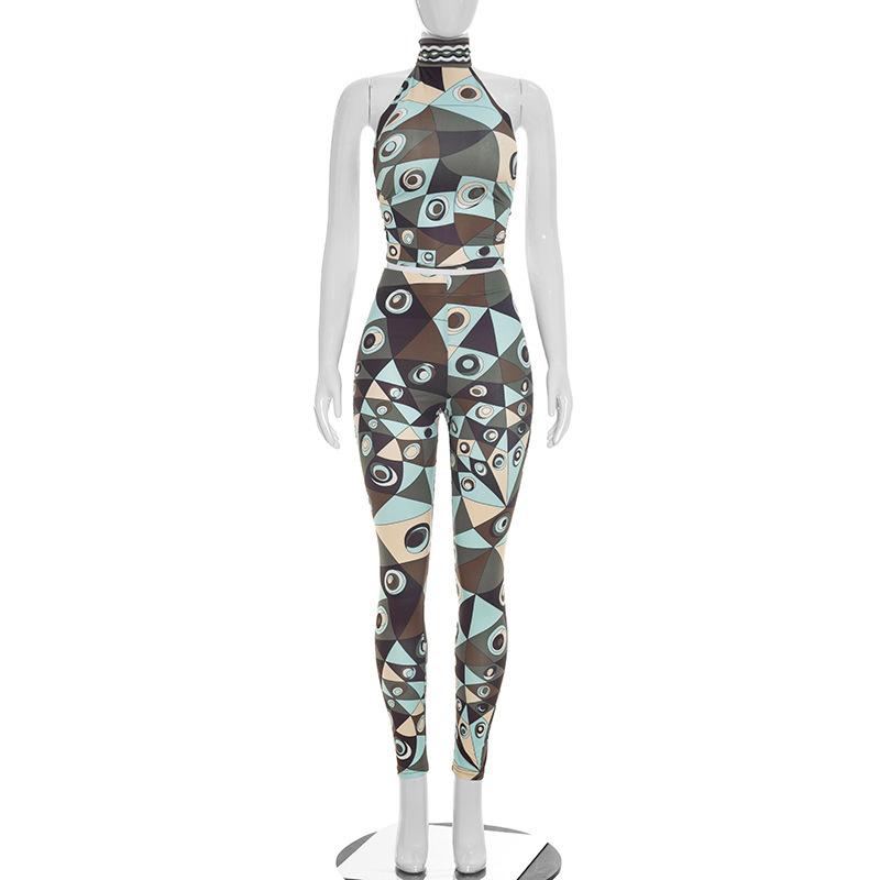 Women Sleeveless Halter Neck Geometric Print Jumpsuit High Waist Cut Out Backless Bodycon Elegant Party Romper S