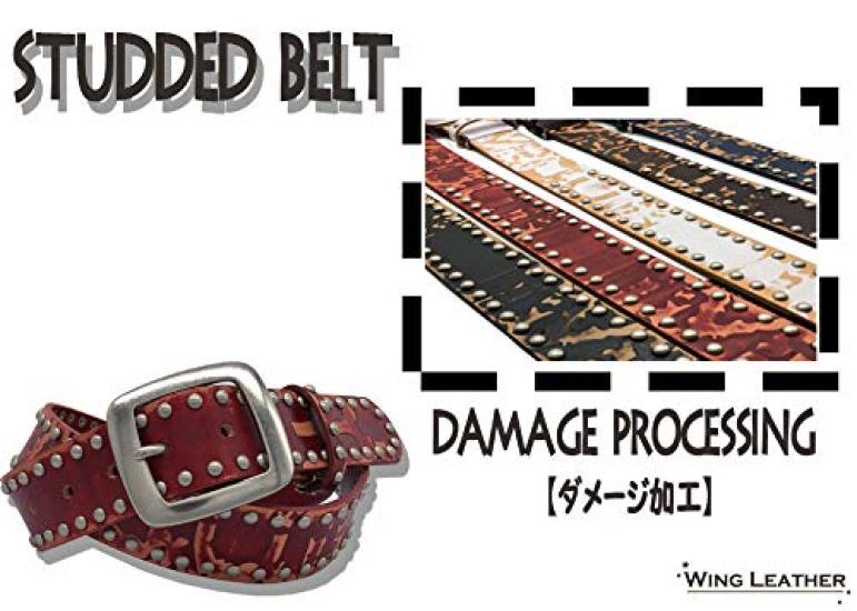 WING LEATHER Italian Leather Casual Belt, Genuine Leather, Cowhide, Studs, Men's, Black, White, Dark Brown, Red, 40mm, Distressed Finish, GTC004BK