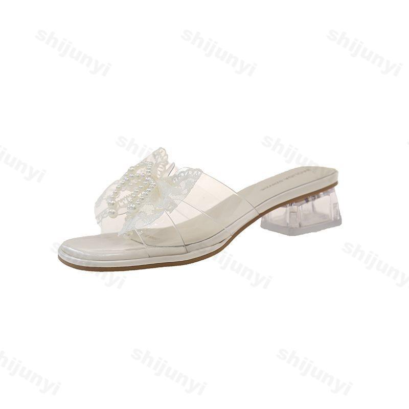 Fashion Elegant Women's Pearl Bowtie Sandals Summer 2025 Thick High Heels Jelly Slippers Woman Square Toe Lace Beaded Gladiator Shoes