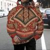 Men Plus Size Long Sleeve Drawstring Hoodie Blue White Printed Pullover With Kangaroo Pocket
