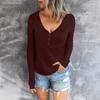 Womens Long Sleeve V Neck Button Casual Tops Ribbed Color Shirts