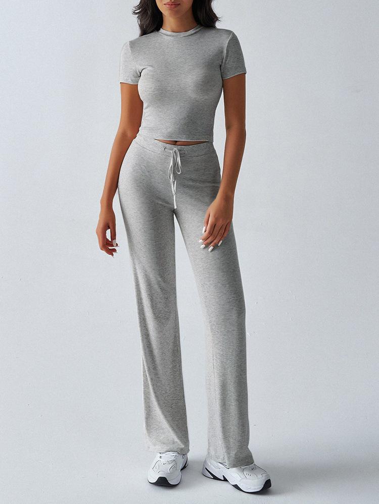 2025 European & American Women's Spring/Summer Solid Color Round Neck Set - Short Sleeve Top & Long Pants