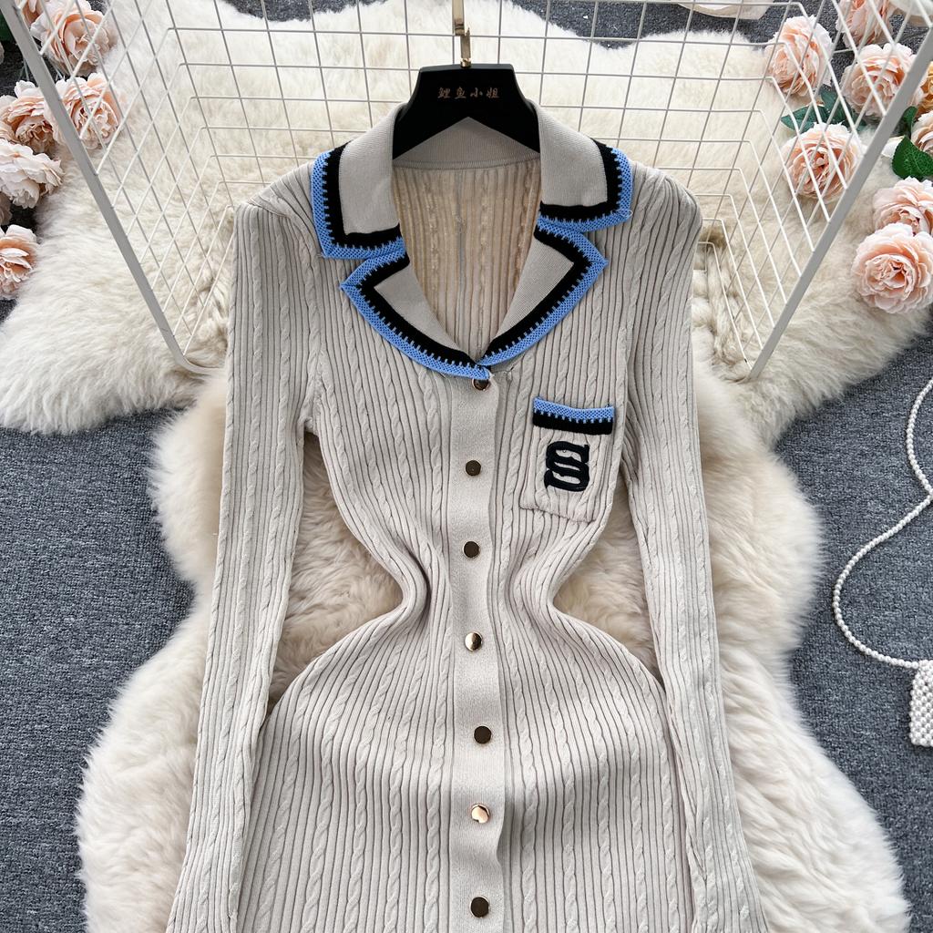 Autumn Winter Wear Embroidery Letter Knitted Sweater Dress Women Polo Single Breasted Designer Temperament Long Dresses