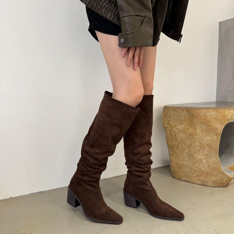 Wildleder hohe Stiefel zum Stapeln spitze Retro Western Cowboy Stiefel Herbst und Winter dünne Stiefel aber kniehoch Absatz Reiterstiefel