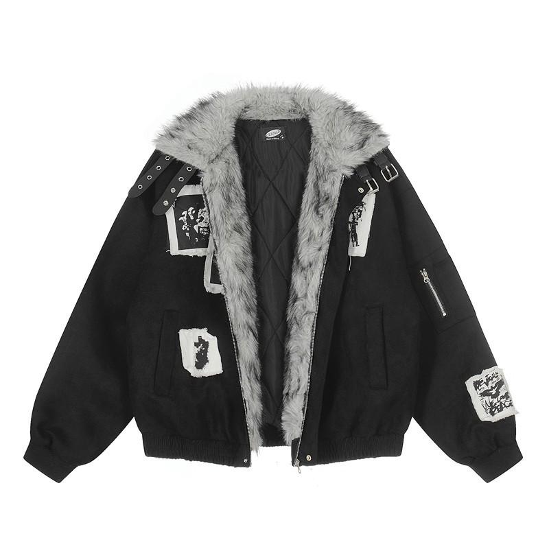 Giacca Imbottita Unisex Retro Punk in Cotone con Patch Frange in Pelle Scamosciata e Collo in Ecopelliccia Invernale Streetwear