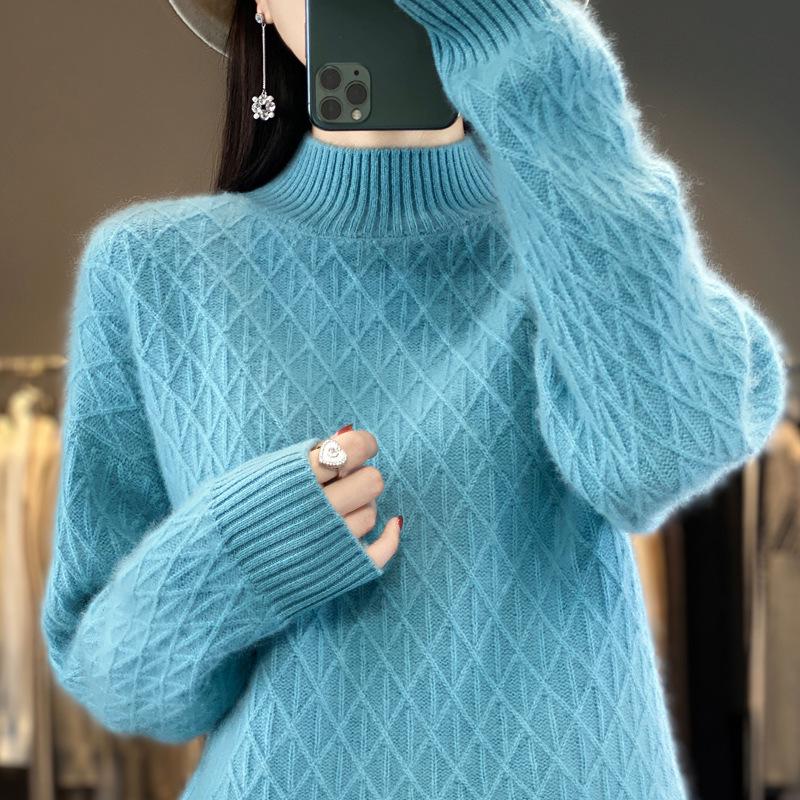 Women's Thick Knit Half-High Collar Sweater - 2024 New Autumn/Winter Collection, Versatile and Loose Fit Wool Sweater