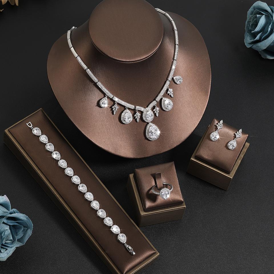ZAKOL Luxury Cubic Zirconia Necklace Earrings Rings Set for Women Shinny Water Drop Leaf CZ Bridal Wedding Jewelry Sets