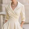 Women's Lapel V Neck Work Dress Long Sleeve A Line Swing Dress Formal Business Office Midi Blazer Dress