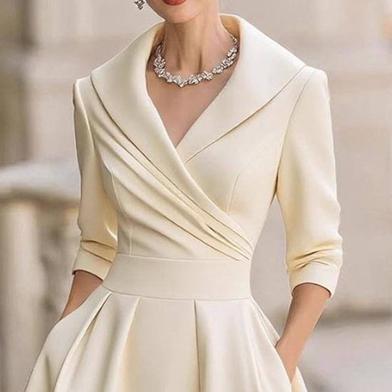 Women's Lapel V Neck Work Dress Long Sleeve A Line Swing Dress Formal Business Office Midi Blazer Dress