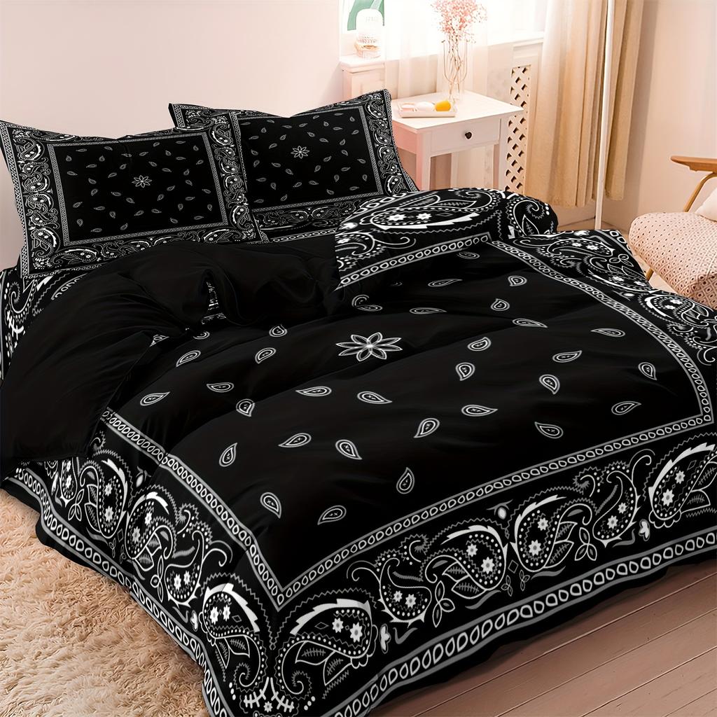Set Husă Plapumă Paisley Mandala Negru Stil Boem Dublu Pentru Adulți Queen King Size Set Lenjerie de Pat Cu Față de Pernă Pentru Dormitor