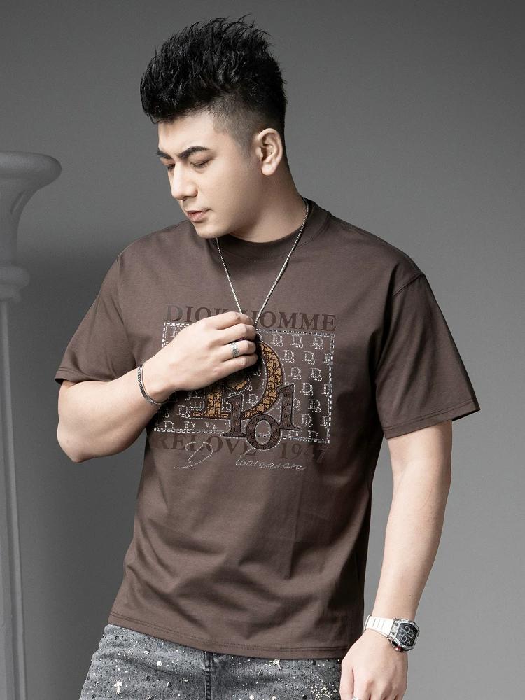 European Summer New Style Letter Rhinestone Short-Sleeve T-Shirt Men s Trendy Casual Loose Fit Half-Sleeve Top XL серый