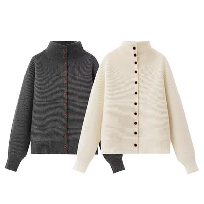 Cardigan da Donna in Maglia con Collo Alto Maniche a Pipistrello Bottoni Singoli sul Davanti Stile Streetwear