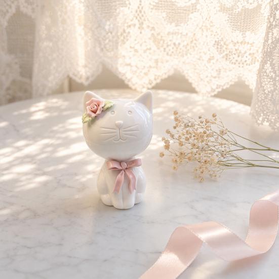 1/2Pcs Ceramic Bow Cat Figurine, Sitting Kitten Statue with Flower Decor, Mini Animal Desktop Ornament for Home Office