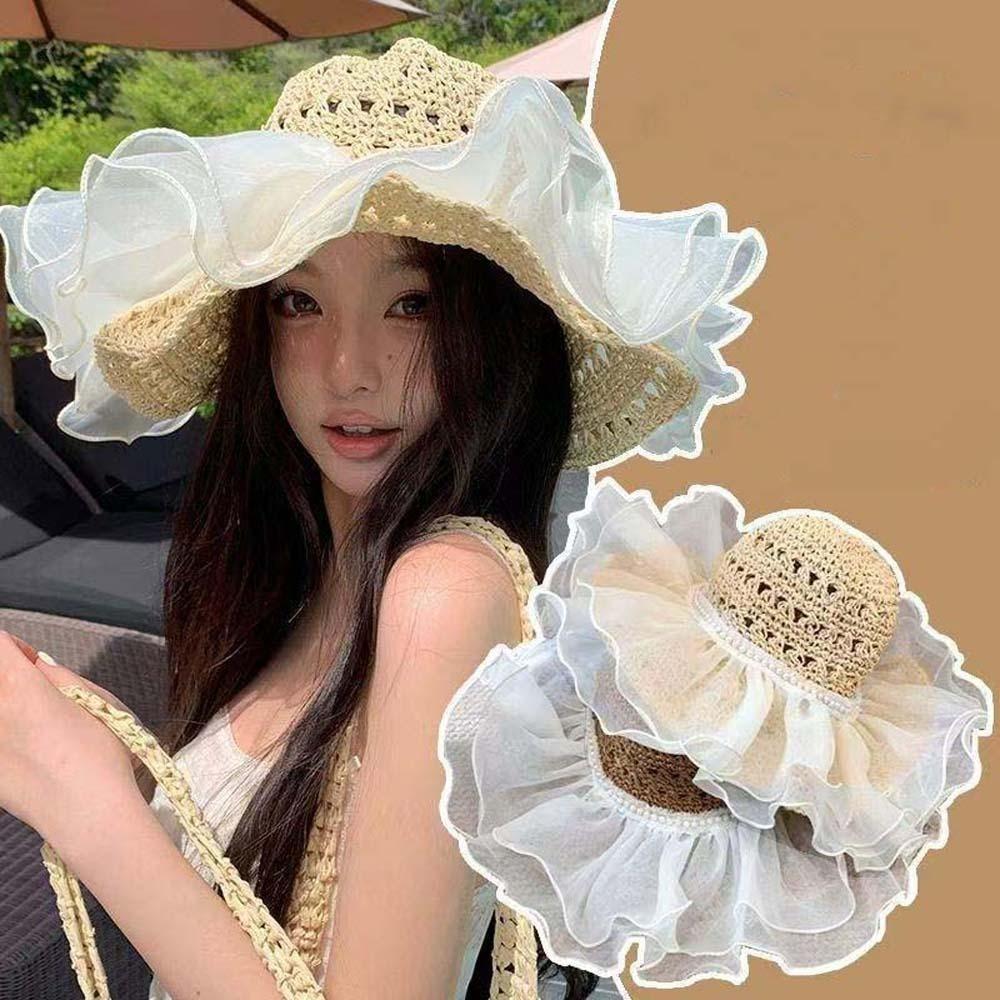 Breathable Straw Weaving Beach Hat Portable Big Brimmed Woven Cap Beige Lace Pearls Sun Cap  Travel