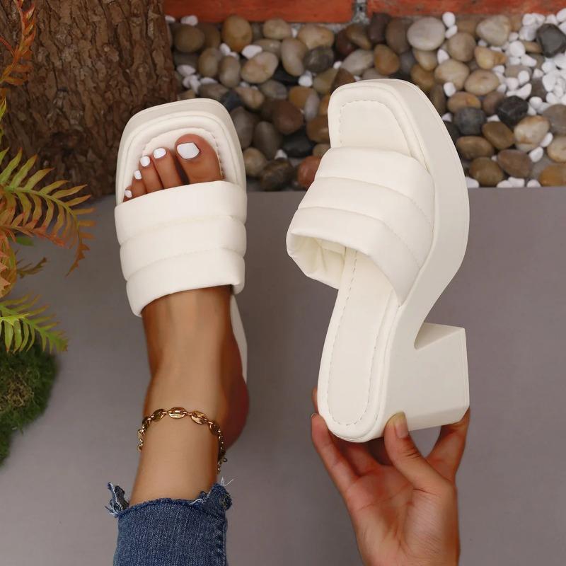 New Women's Thick Sole Thick Heel Square Head Slippers Women's Summer Outwear High Heel Stripe Sandals