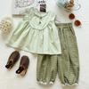 Girls' Light Green Doll Shirt Set: Sleeveless Top and Plaid Lace Lantern Pants with Elastic Waist and Pockets, Two-Piece Summer Outfit.