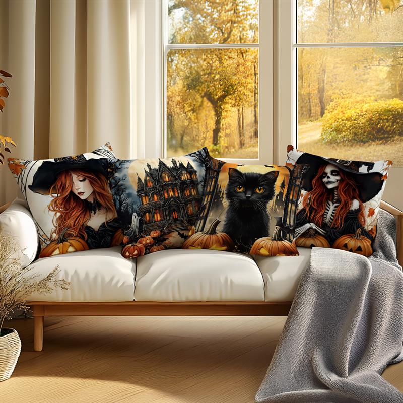Home Decor Halloween-themed Witch & Cat Pattern Pillow Covers Pattern Cushion Cover Suitable for Sofa Bedroom Car Pillow Cover