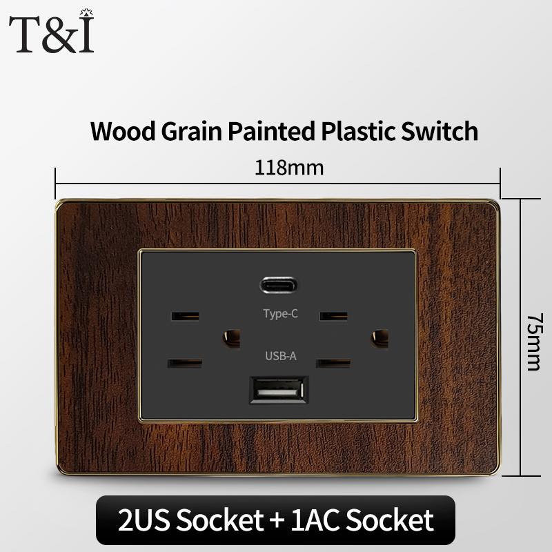 T&I Type 118 Black Retro Wood Grain Wall Plate, US Standard Electrical Outlet Cover with Switch