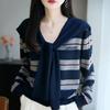 Spring Two Piece V Neck Sweater Set with Shawl Striped Wool Knit Slim Fit Long Sleeve Casual Letter
