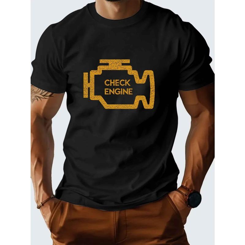 Men's Casual Round Neck T-shirt with 'Check Engine' Print, Short Sleeve, Regular Fit, Summer Top, Suitable for Going Out, PLUS SIZE
