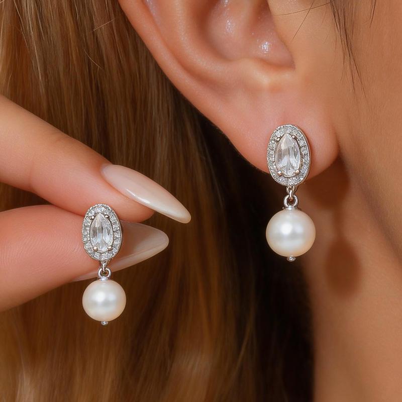 Silver Needle Luxury Zircon Pearl Oval Geometric Stud Earrings - Simple, Versatile, High-End Accessories