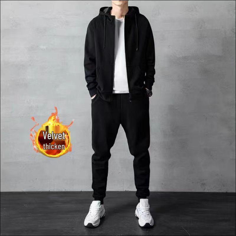 Men's Fleece-Lined Korean Style Hoodie & Jogger Plus-Size Set, Trendy Casual Wear