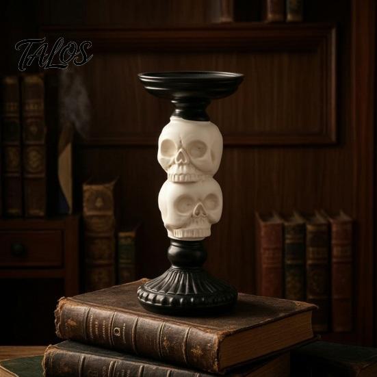 Begraafplaats Geïnspireerde Feestattributen Gotische Kandelaarkandelaar, Halloween Hars Raaf Schedel Zuilkaars Handgemaakte Beeldhouwwerk Basis Vintage Spookachtig
