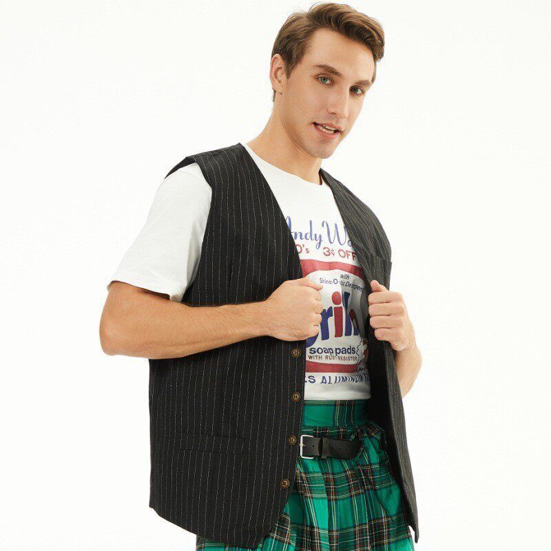 Halloween New Men s Scottish Festival Skirt Men s Plaid Pleated Skirt Plaid Skirt Suit Performance Costume Wholesale Black Vest S