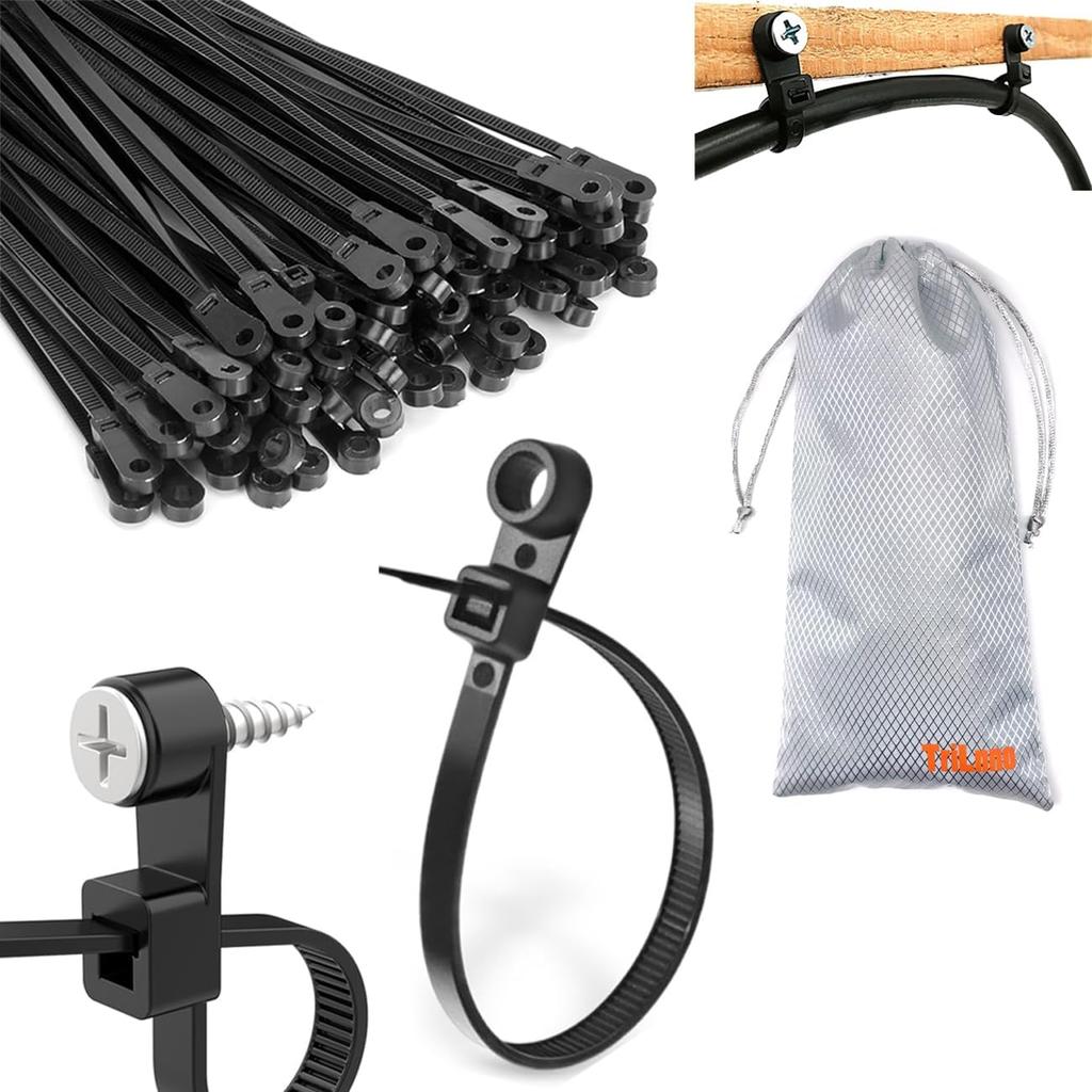 Nylon Universal Cable Tie Buckle,Black Zip Ties Heavy Duty with Screw Hole 75lbs Mountable head Cable management Ties for Indoor & Outdoor Use (50,