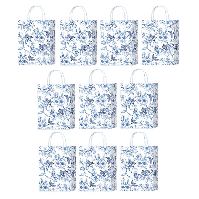 10pcs Paper Gift Bags Elegant Blue & White Parties Porcelain Floral Tote Bags Chinese