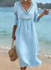 VEZFAA Women's Fashion Summer Spring Solid Color Print 1/2 Sleeves V-Neck Loose Waistline Casual Dresses