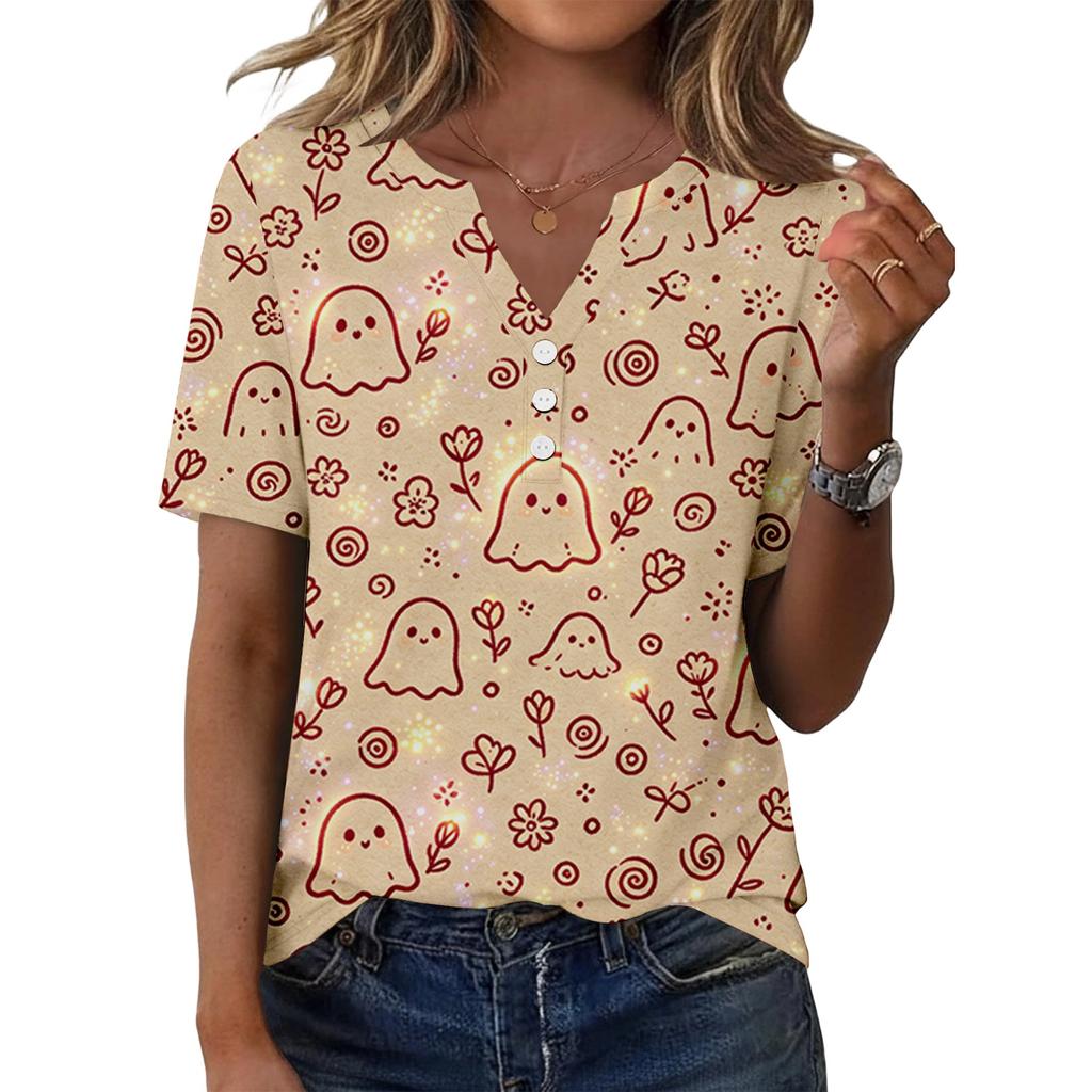 Women's Casual Halloween Print V Neck Short Sleeve Button Front T Shirt Top for Everyday Wear and Seasonal Events