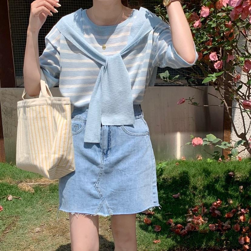 

Plus Size Women s Striped Knit Top - Summer Slimming, Versatile Loose Fit, Round Neck L (Recommended for 100-130 lbs) синій